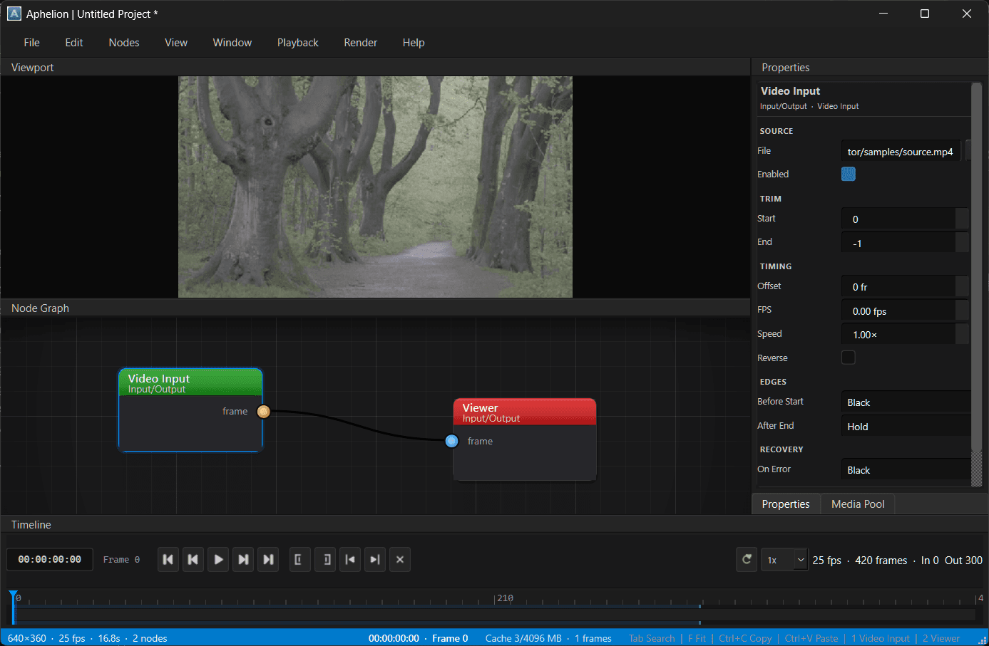Aphelion Editor showing a node graph above a timeline, with the property inspector on the right